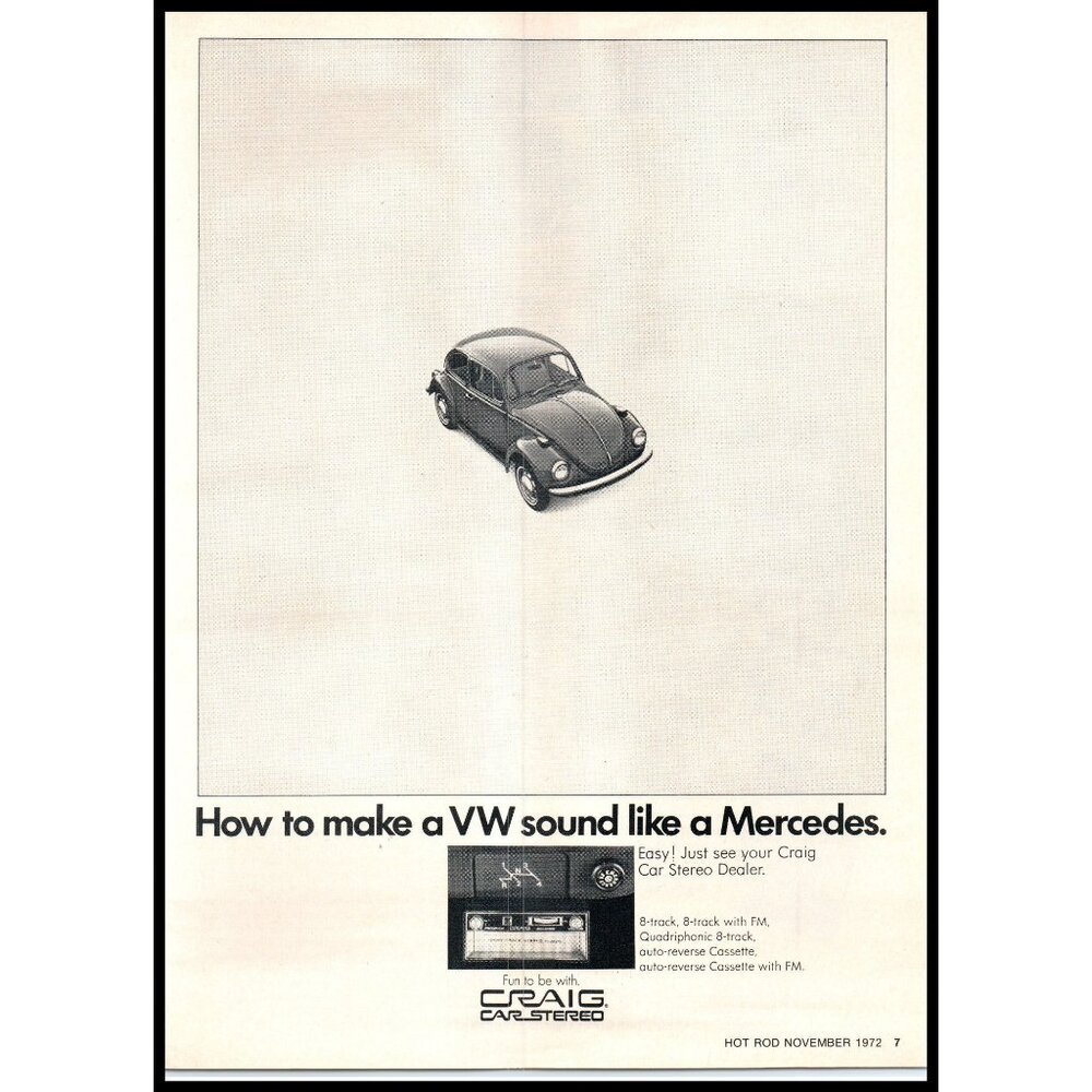 1972 VW Volkswagen Beetle Bug Craig Car Stereo Vintage Print Ad Wall Art Photo